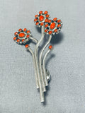 Unique Vintage Native American Zuni Coral Sterling Silver Flower Pin-Nativo Arts