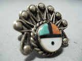 Unique Vintage Native American Zuni Inlay Turquoise Coral Sunface Sterling Silver Ring Old-Nativo Arts