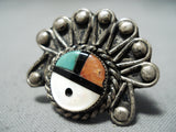 Unique Vintage Native American Zuni Inlay Turquoise Coral Sunface Sterling Silver Ring Old-Nativo Arts