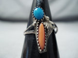 Unique Vintage Navajo Native American Turquoise Coral Sterling Silver Ring Old-Nativo Arts