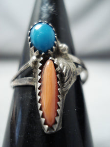 Unique Vintage Navajo Native American Turquoise Coral Sterling Silver Ring Old-Nativo Arts