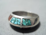 Unique Vintage Navajo Turquoise & Coral Sterling Silver Ring Native American Old-Nativo Arts