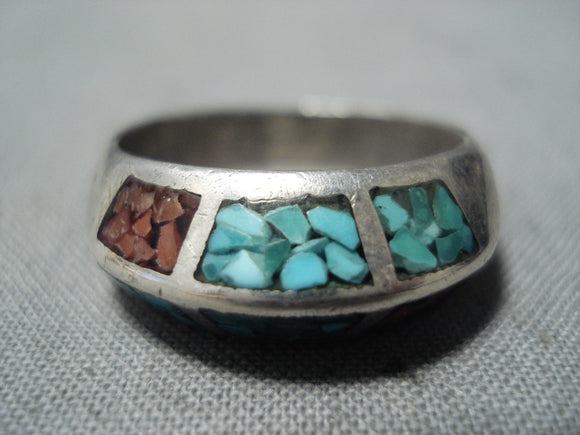 Unique Vintage Navajo Turquoise & Coral Sterling Silver Ring Native American Old-Nativo Arts