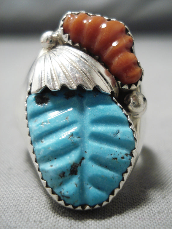 Unique Vintage Zuni Turquoise & Coral Sterling Silver Ring Native American-Nativo Arts
