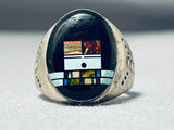 Very Intricate Native American Navajo Turquoise Kachina Sterling Silver Opal Ring-Nativo Arts