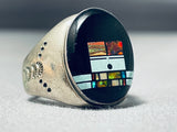 Very Intricate Native American Navajo Turquoise Kachina Sterling Silver Opal Ring-Nativo Arts