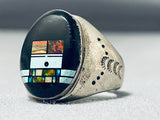 Very Intricate Native American Navajo Turquoise Kachina Sterling Silver Opal Ring-Nativo Arts