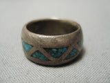 Very Old!! Vintage Native American Navajo Triangular Turquoise Inlay Sterling Silver Ring-Nativo Arts