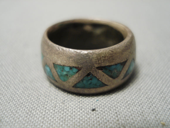 Very Old!! Vintage Native American Navajo Triangular Turquoise Inlay Sterling Silver Ring-Nativo Arts