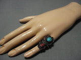 Very Old Vintage Navajo Native American Jewelry Turquoise Coral Sterling Silver Ring-Nativo Arts