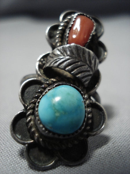 Very Old Vintage Navajo Native American Jewelry Turquoise Coral Sterling  Silver Ring