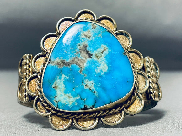 Very Rare Gold Vintage Native American Navajo Morenci Turquoise Sterling Silver Bracelet-Nativo Arts