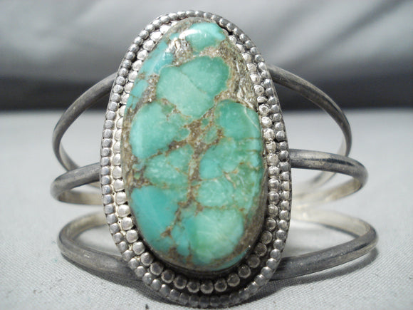 Very Rare Green Turquoise Vintage Native American Navajo Sterling Silver Bracelet Old-Nativo Arts