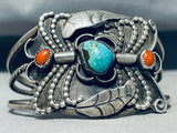 Very Rare Vintage Native American Navajo Turquoise Coral Sterling Silver Leaf Bracelet-Nativo Arts