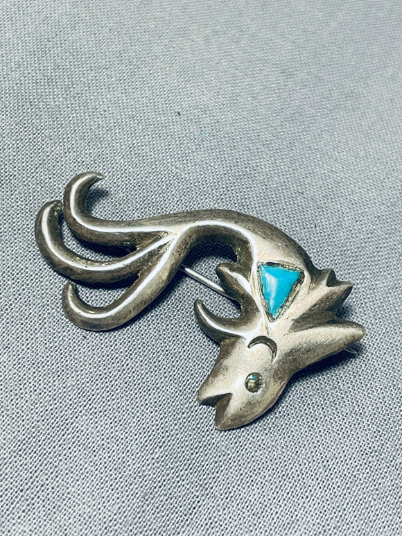 Very Unique Koi Fish Vintage Native American Navajo Turquoise Sterling Silver Pin-Nativo Arts