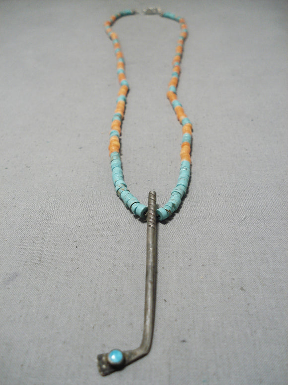 Very Unique Vintage Native American Navajo Golf Club Turquoise Sterling Silver Necklace Old-Nativo Arts