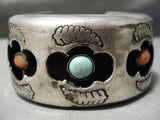 Very Unique Vintage Native American Navajo Green Turquoise Coral Sterling Silver Leaf Bracelet-Nativo Arts