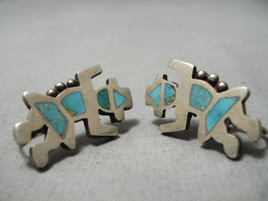 Vintage Zuni Native American Sterling Silver Turquoise Rainbow Earrings-Nativo Arts