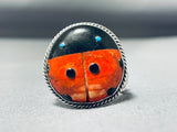 Whimsical Native American Navajo Signed Coral Jet Turquoise Sterling Silver Ladybug Ring-Nativo Arts