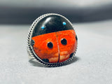 Whimsical Native American Navajo Signed Coral Jet Turquoise Sterling Silver Ladybug Ring-Nativo Arts