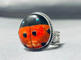 Whimsical Native American Navajo Signed Coral Jet Turquoise Sterling Silver Ladybug Ring-Nativo Arts