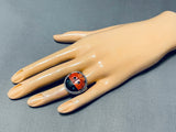 Whimsical Native American Navajo Signed Coral Jet Turquoise Sterling Silver Ladybug Ring-Nativo Arts