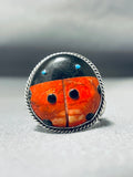 Whimsical Native American Navajo Signed Coral Jet Turquoise Sterling Silver Ladybug Ring-Nativo Arts