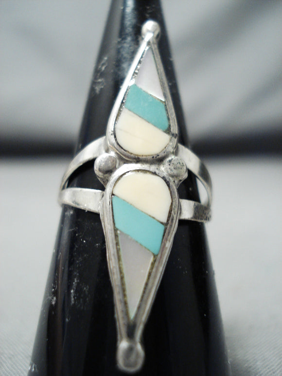 Whimsical Vintage Native American Zuni Blue Gem Turquoise Sterling Silver Ring Old-Nativo Arts