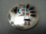 Whimsical Vintage Native American Zuni Turquoise Coral Inlay Rainbow Man Sterling Silver Pin Old-Nativo Arts