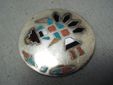Whimsical Vintage Native American Zuni Turquoise Coral Inlay Rainbow Man Sterling Silver Pin Old-Nativo Arts