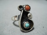 Whimsical Vintage Navajo Native American Turquoise Coral Sterling Silver Ring-Nativo Arts