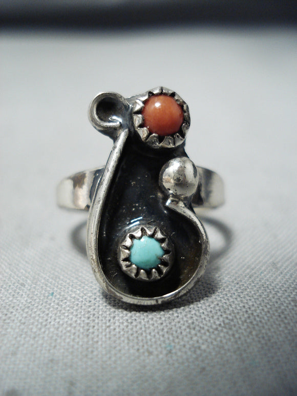 Whimsical Vintage Navajo Native American Turquoise Coral Sterling Silver Ring-Nativo Arts