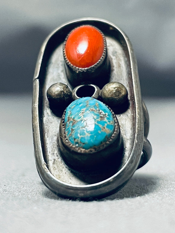 Wide Old Patina Vintage Native American Navajo Turquoise Coral Sterling Silver Ring-Nativo Arts