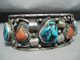 Wide Vintage Native American Navajo Hand Tooled Sterling Silver Turquoise Bracelet-Nativo Arts