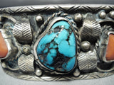 Wide Vintage Native American Navajo Hand Tooled Sterling Silver Turquoise Bracelet-Nativo Arts