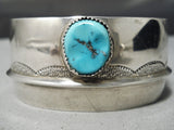 Wide Vintage Native American Navajo Hand Tooled Sterling Silver Turquoise Bracelet Old-Nativo Arts
