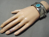 Wide Vintage Native American Navajo Hand Tooled Sterling Silver Turquoise Bracelet Old-Nativo Arts