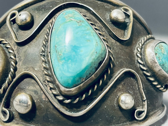 Wide Vintage Native American Navajo Museum Turquoise Sterling Silver Bracelet-Nativo Arts