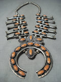 Women's Authentic Vintage Native American Navajo Coral Sterling Silver Squash Blossom Necklace-Nativo Arts