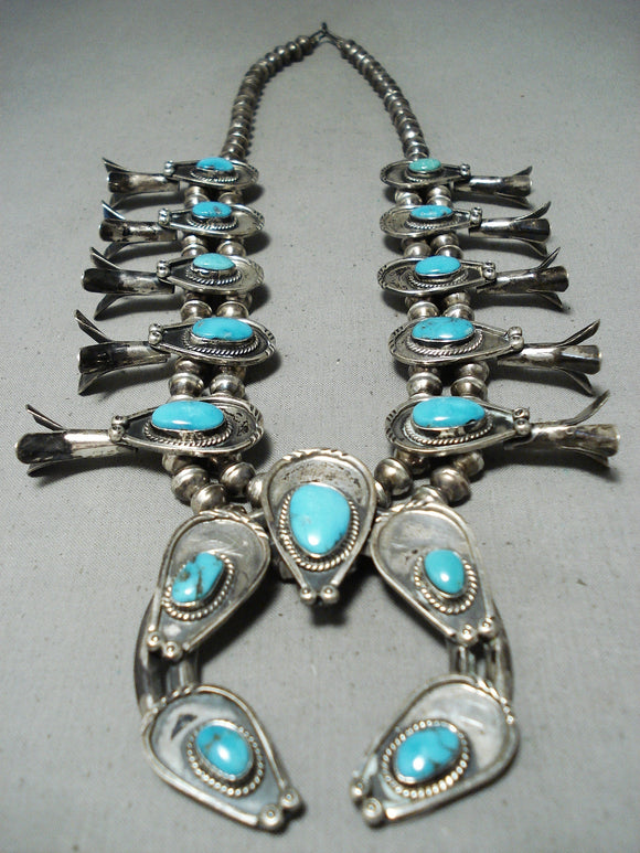 Women's Earth Turquoise Vintage Native American Navajo Sterling Silver Squash Blossom Necklace-Nativo Arts