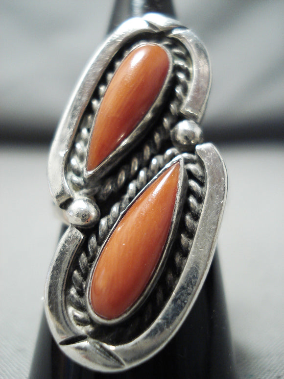 Women's Incredible Vintage Native American Navajo Coral Sterling Silver Teardrop Ring-Nativo Arts
