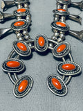 Women's Vintage Native American Navajo Domed Coral Sterling Silver Squash Blossom Necklace-Nativo Arts