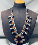 Women's Vintage Native American Navajo Domed Coral Sterling Silver Squash Blossom Necklace-Nativo Arts