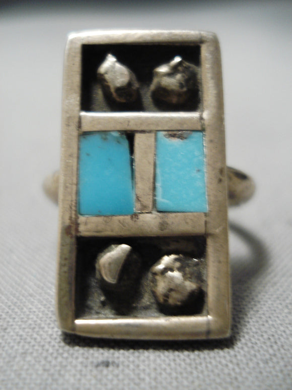 Wonderful Native American Navajo Blue Gem Turquoise Sterling Silver Ring Old-Nativo Arts