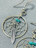 Wonderful Native American Navajo Turquoise Sterling Silver Dreamcatcher Earrings-Nativo Arts
