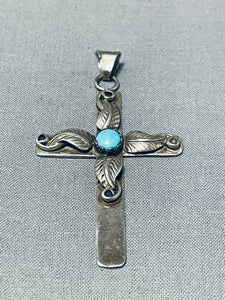Wonderful Signed Vintage Native American Navajo Blue Gem Turquoise Sterling Silver Cross Pendant-Nativo Arts