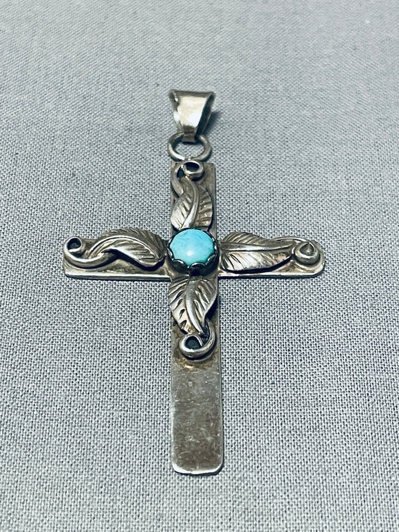 Wonderful Signed Vintage Native American Navajo Blue Gem Turquoise Sterling Silver Cross Pendant-Nativo Arts