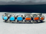 Wonderful Vintage Native American Navajo 5 Coral 5 Kingman Turquoise Sterling Silver Bracelet-Nativo Arts
