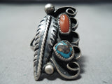 Wonderful Vintage Native American Navajo Bisbee Turquoise & Coral Sterling Silver Ring-Nativo Arts