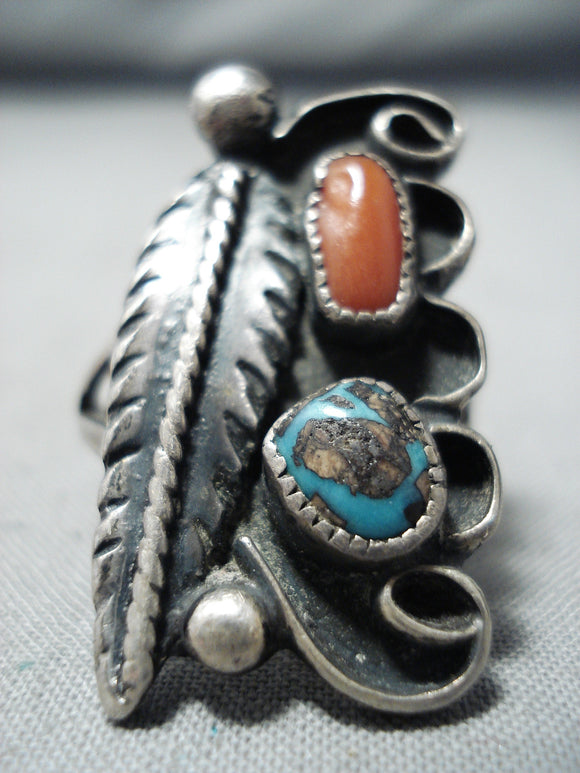 Wonderful Vintage Native American Navajo Bisbee Turquoise & Coral Sterling Silver Ring-Nativo Arts